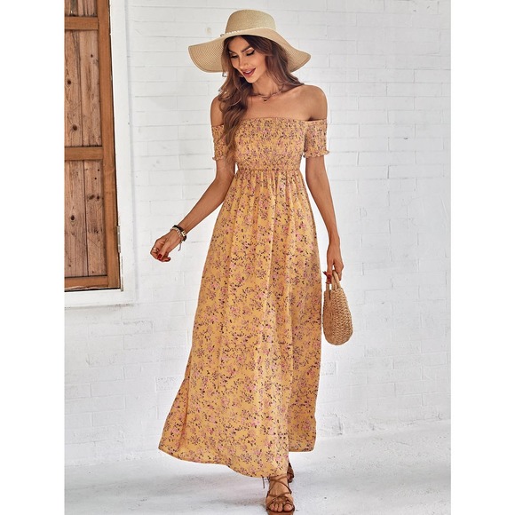 Off the Shoulder Floral High Slit maxi Dress RED boho - Picture 6 of 11